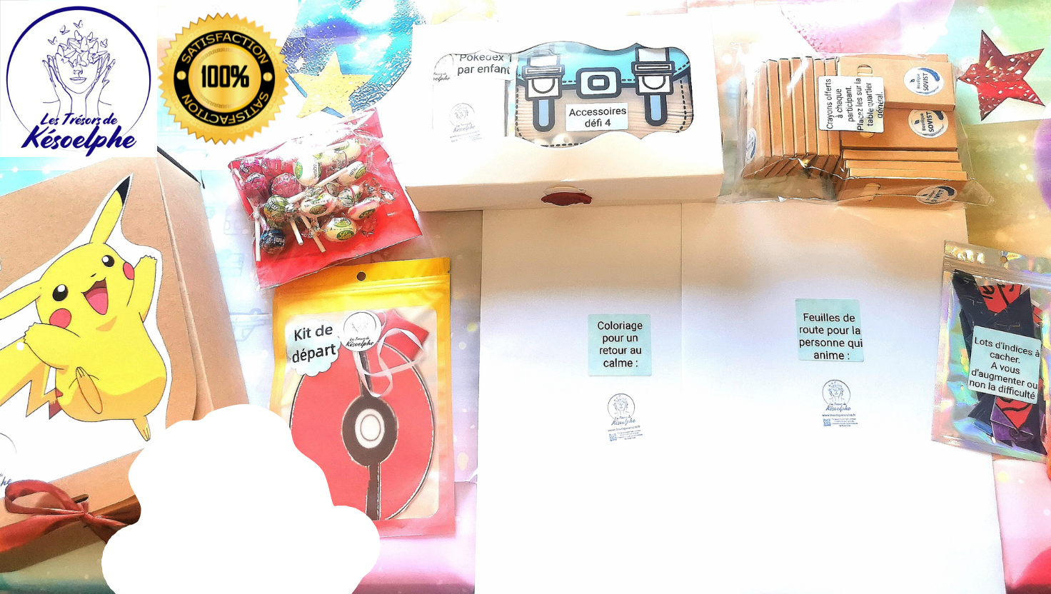 Chasse au trésor thème Pokémon - Kit de jeu pour enfants avec accessoires, bonbons et matériel créatif.