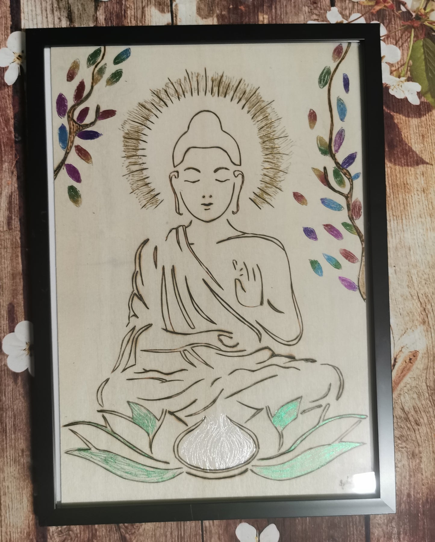 Cadre Pyrogravé Bouddha Serein