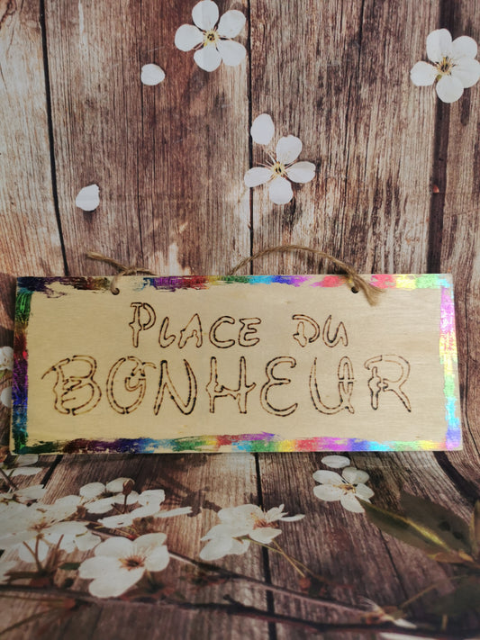 Plaquette décorative en bois – Place du Bonheur 🌸✨