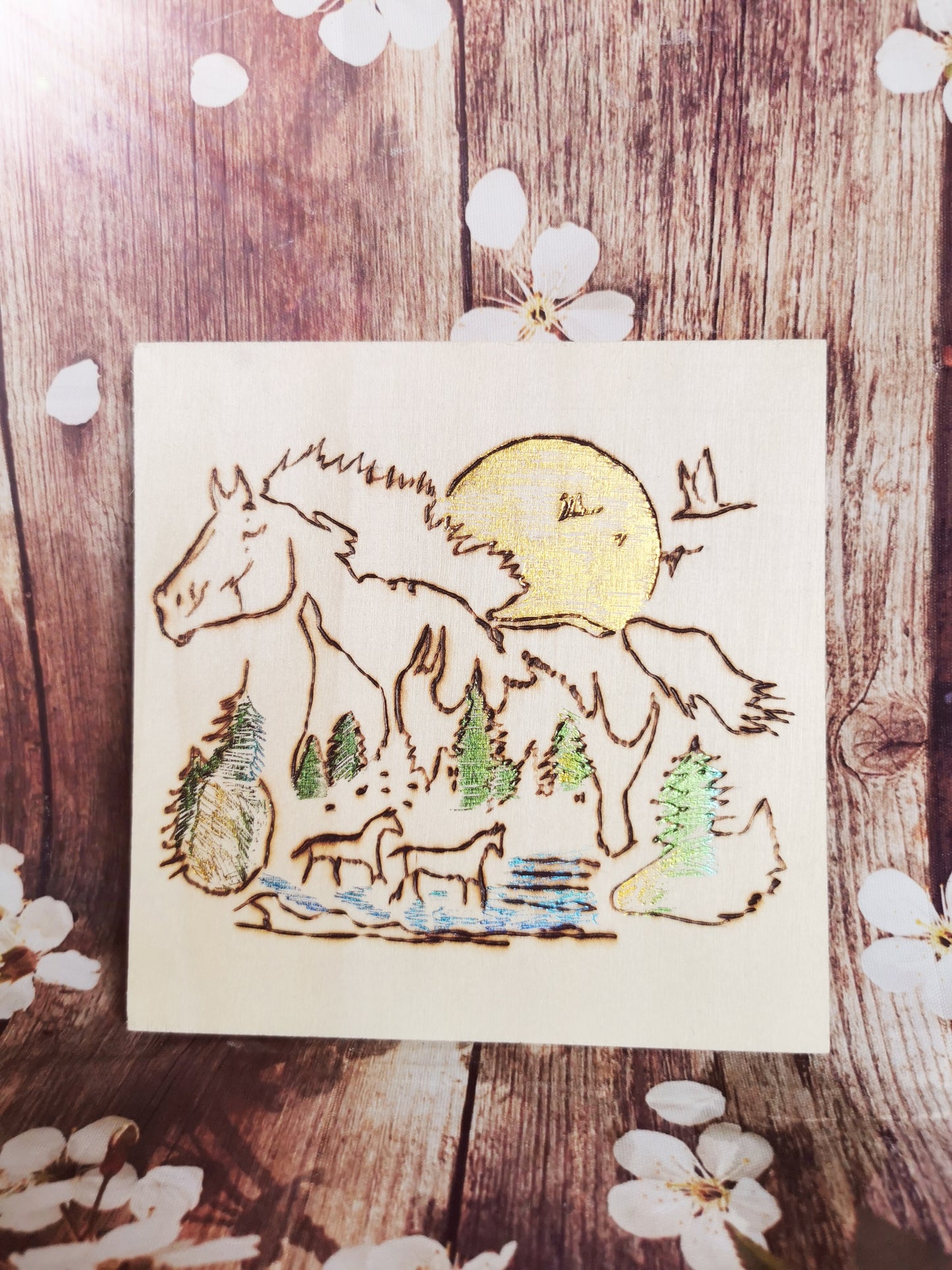 Plaquette carrée en bois – Cheval et nature 🐎🌲☀️
