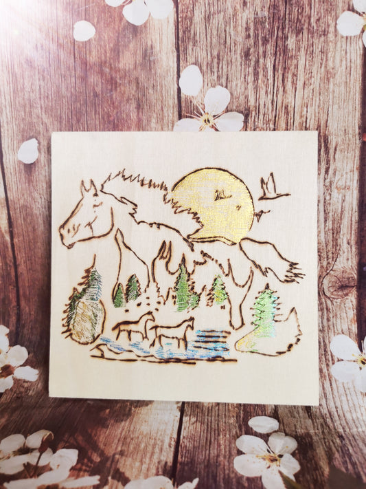 Plaquette carrée en bois – Cheval et nature 🐎🌲☀️