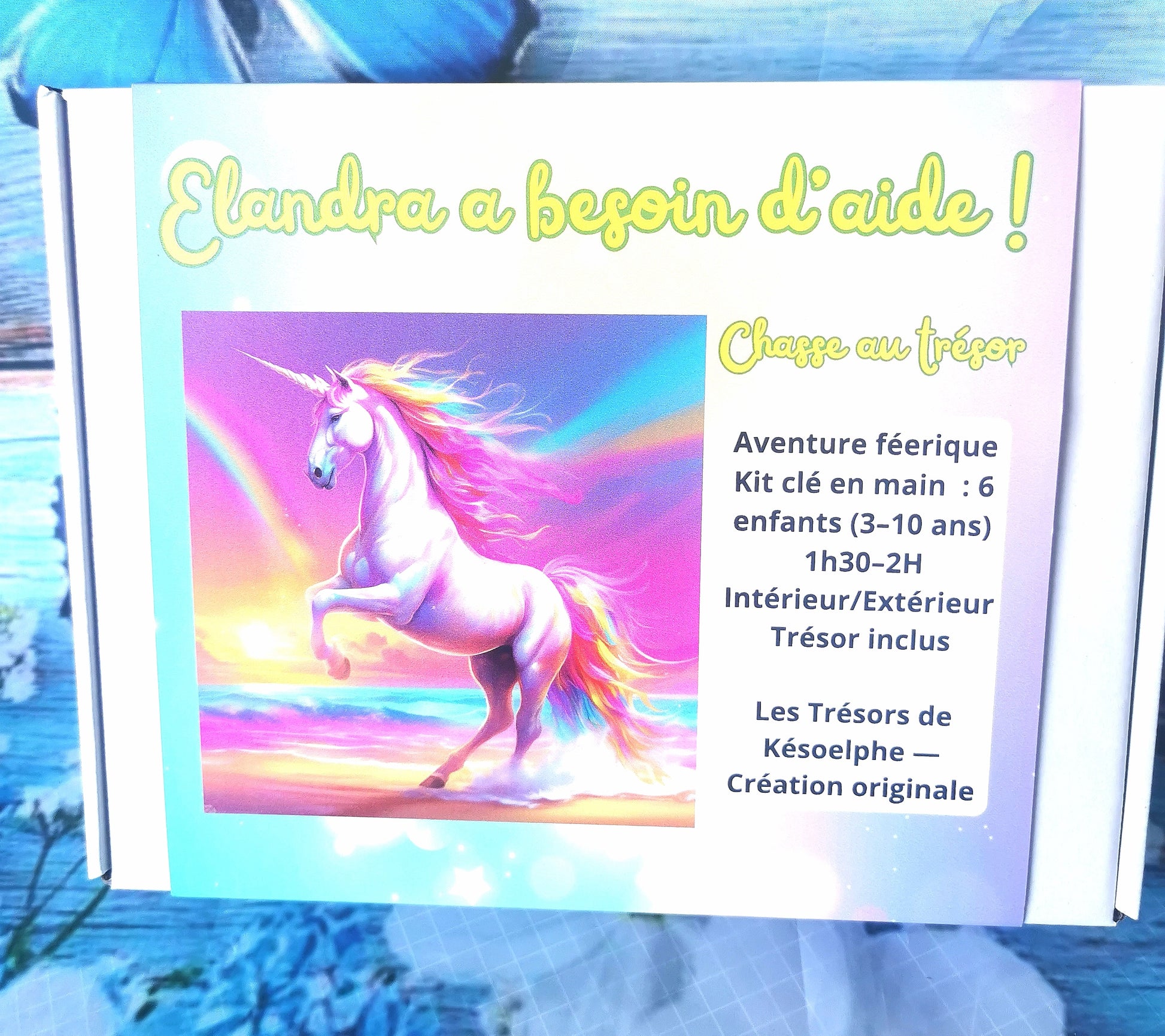 Chasse au trésor THÈME LICORNE avec licorne colorée, aventure magique pour 6 enfants, trésor inclus.